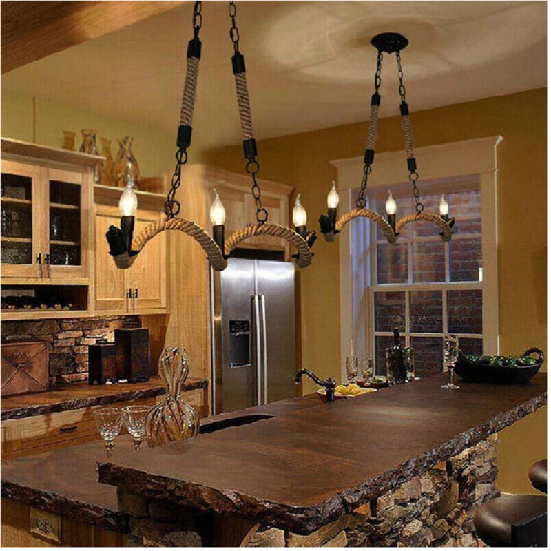 Trade Shop Traesio - Lampadario Vintage 3 Portalampada E14 Corda Canapa Lampada Country Retro A40-3 -