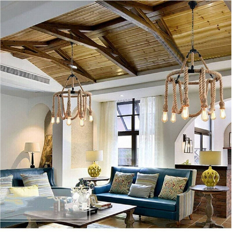 Lampadario Vintage 6 Portalampada E27 Corda Canapa Lampada Country Retro A38-6 - - Trade Shop Traesio