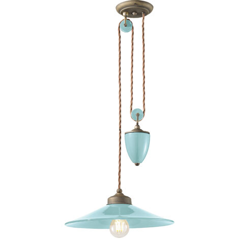 Lampadario Vintage Colors Saliscendi Ferro E Ceramica Azzurro 1 Luce E27