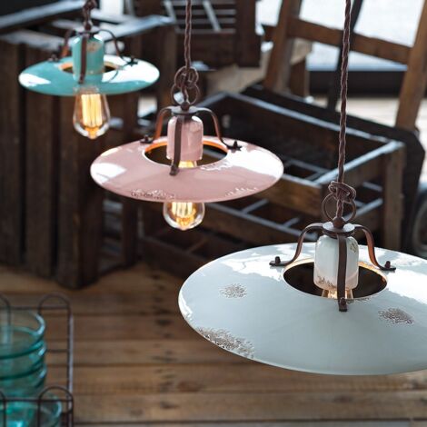 Lampadario Vintage Country Ferro E Ceramica Arancio 1 Luce E27
