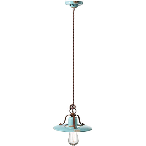 Lampadario Vintage Country Ferro E Ceramica Azzurro 1 Luce E27 25Cm