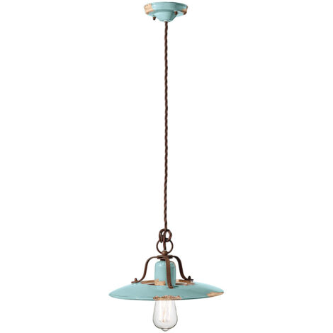 Lampadario Vintage Country Ferro E Ceramica Azzurro 1 Luce E27 30Cm