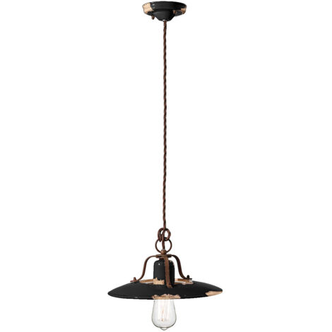 Lampadario Vintage Country Ferro E Ceramica Nero 1 Luce E27 30Cm