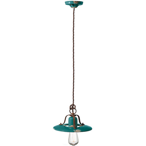 Lampadario Vintage Country Ferro E Ceramica Verde 1 Luce E27 25Cm