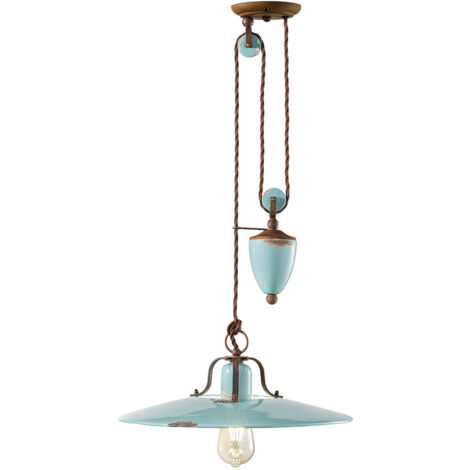 Lampadario Vintage Country Saliscendi Ferro E Ceramica Azzurro 1 Luce E27