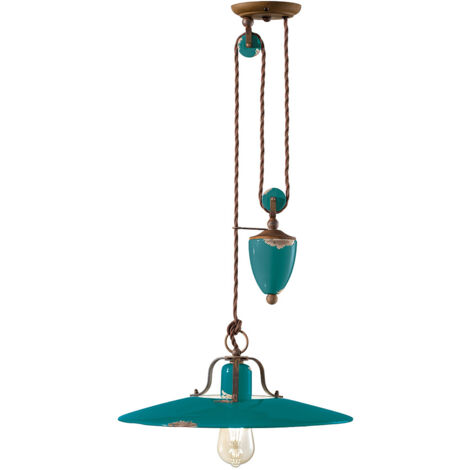 Lampadario Vintage Country Saliscendi Ferro E Ceramica Verde 1 Luce E27