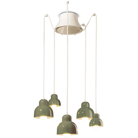 Lampadario Vintage Decò Berimbau Ceramica Verde Salvia 3 Luci E27