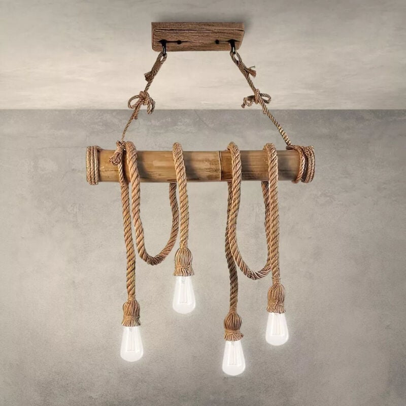 Image of Lampadario vintage in corda di bambù e canapa, 4 teste E27 da soffitto. Ideale per arredamento rustico o retrò, illuminazione potente e materiali