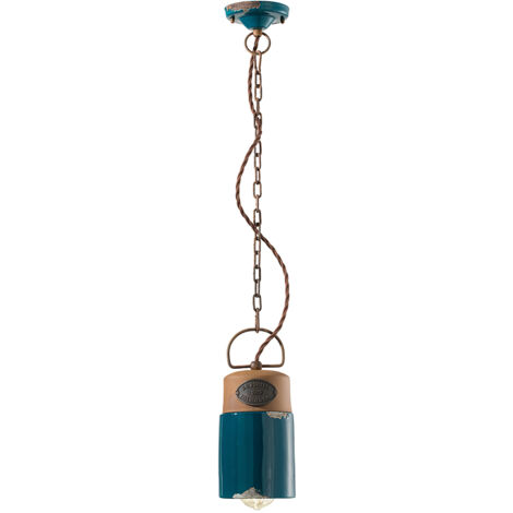 Lampadario Vintage Industrial Cilindrica Ferro E Ceramica Verde 1 Luce E27
