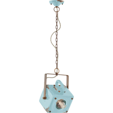 Lampadario Vintage Industrial Ferro E Ceramica Azzurro 1 Luce E27