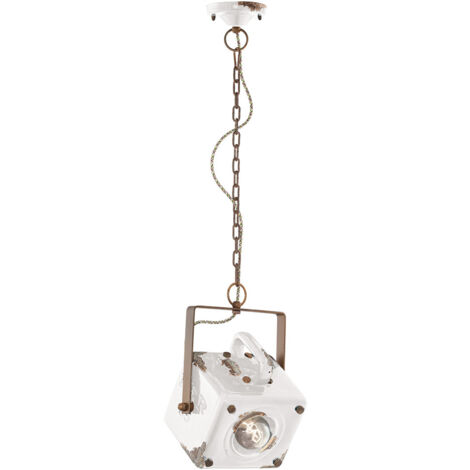 Lampadario Vintage Industrial Ferro E Ceramica Bianco 1 Luce E27