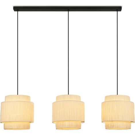 Lampadario Vintage Papper Rafia Naturale Metallo Nero 3 Luci E27