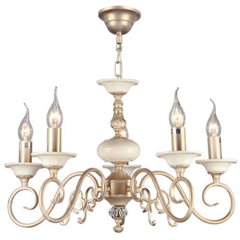 Lampadaro Shabby Chic Perla Metallo Crema Oro 5 Luci