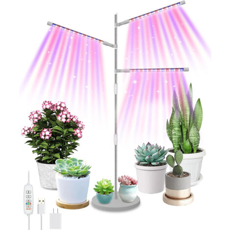 Lampade a spettro completo per la coltivazione di piante, 3 teste LED con supporto regolabile in altezza e girevole, 10 livelli di intensità dimmerabile.