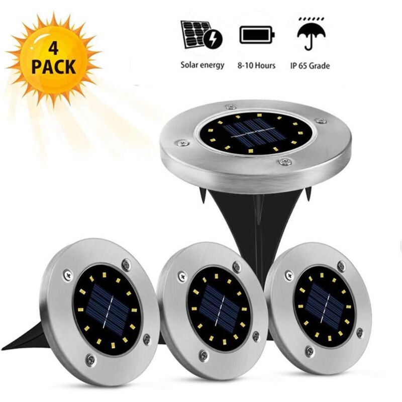 Langray - Luci solari da esterno 12 led 4 pezzi Luci solari da terra Luci da giardino bianche Impermeabili in acciaio inossidabile per esterni,