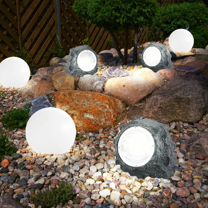 Image of Lampade solari lampade decorative da giardino aspetto pietra per esterno giardino sfera decorativa led per terrazza solare, plastica bianco grigio,