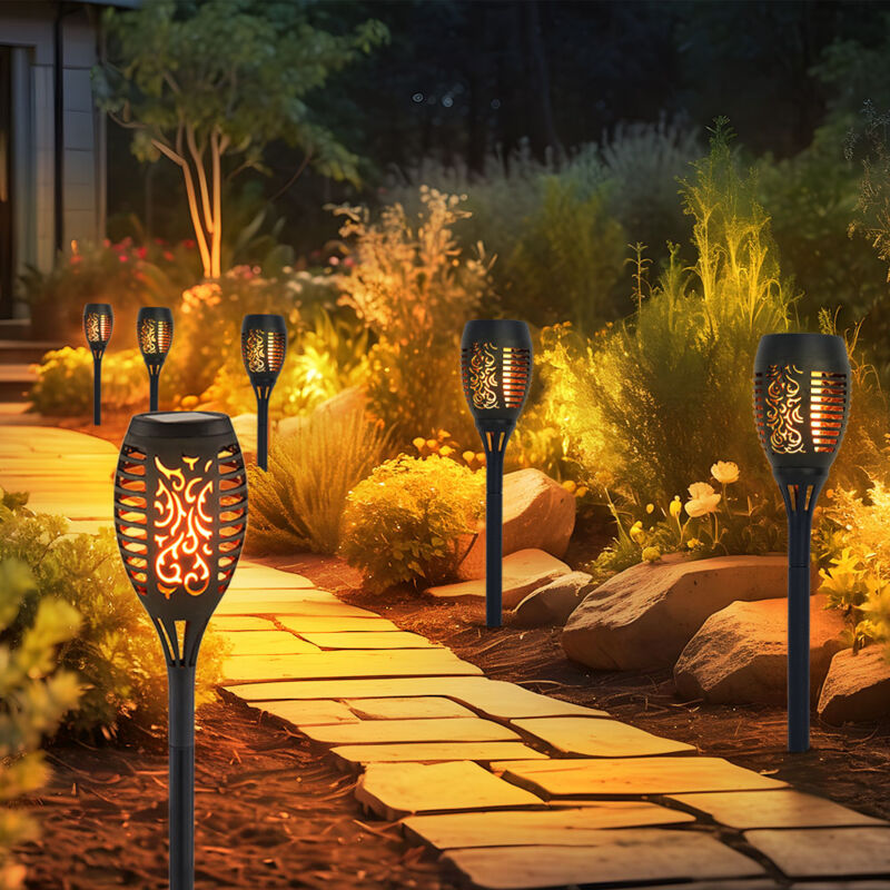 Image of Lampade solari per la decorazione del giardino esterno torce torcia da giardino, led effetto fuoco IP44 picchetto da terra, altezza 59,5 cm, set di 6