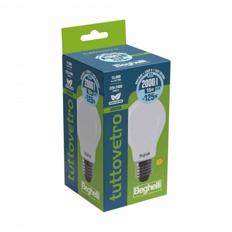 Lampadina a Led Tuttovetro Goccia 15W E27 6K5 Luce Fredda