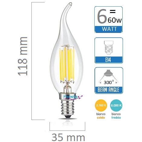 Lampadina e14 led filamento lampada vintage oliva fiamma codino tortiglione globo sfera  candela 6w trasp. luce calda