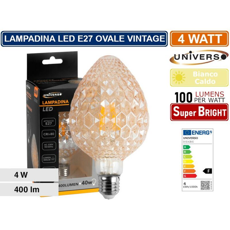 Image of Lampadina led vintage a forma di pigna E27 4W vetro ambrato luce calda 2500K pub taverne
