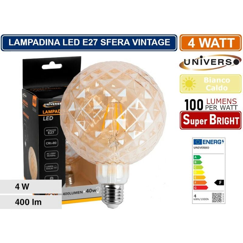 Image of Lampadina led vintage a forma di sfera sfaccettata E27 4W vetro ambrato luce calda 2500K pub taverne
