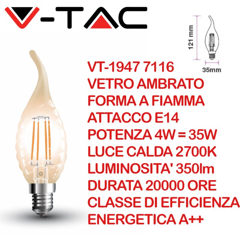 Image of Vtac - v-tac VT-1947 7116 Lampadina led E14 4W Candela a Fiamma a Tortiglione a Filamento in Vetro Ambrato 2700K