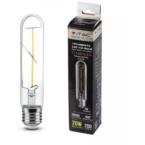 V-TAC LAMPADINA LED - 2W T30 E27 FILAMENTO BIANCO CALDO 2700K - Luce CALDA