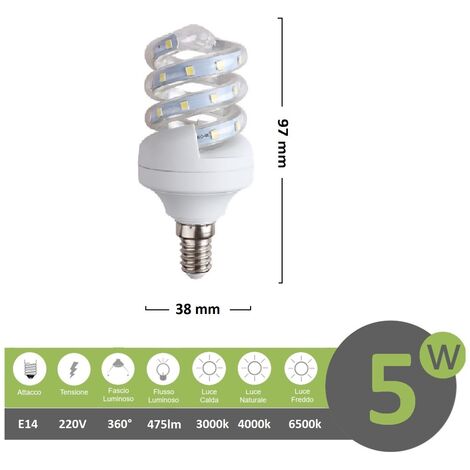 Lampadina led 5w E14 spirale attacco piccolo luce calda 3000k  naturale4000k fredda bianca 6500k  calda 3000k