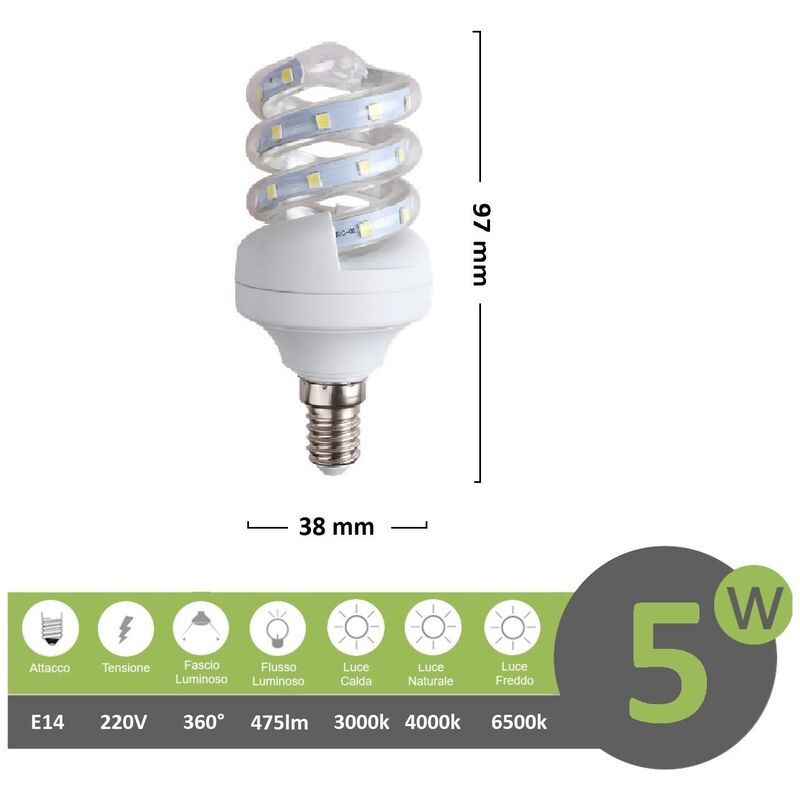 Image of Mille Lucciole - Lampadina led 5w E14 spirale attacco piccolo luce calda 3000k naturale4000k fredda bianca 6500k Naturale 4000k