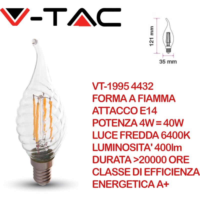 Image of V-tac VT-1995 Lampadina led E14 4W Candela a Fiamma Tortiglione a Filamento Bianco freddo - 6400K