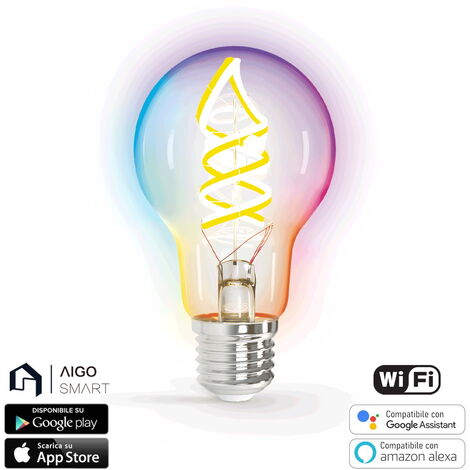 Lampadina Led a Filamento Smart A60 E27 4,9W WiFi RGB + Bianco Caldo 2700K luce regolabile e dimmerabile Aigostar