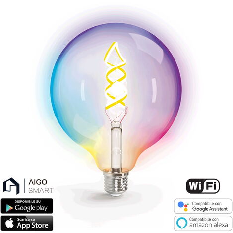 Lampadina Led a Filamento Smart G125 E27 4,9W WiFi RGB + Bianco caldo 2700K luce regolabile e dimmerabile Aigostar