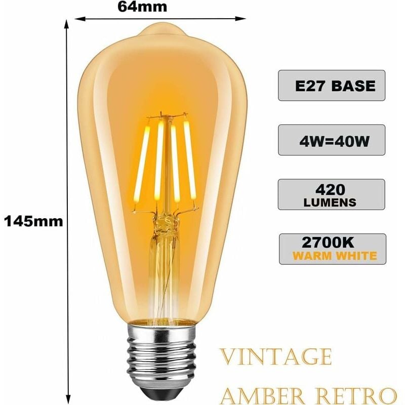 Image of Lampadina LED ALOVEZ E27, lampadina decorativa retrò Edison, lampada antica vintage, ST64, 4 W, equivalente a lampadina a incandescenza da 40 W, 400