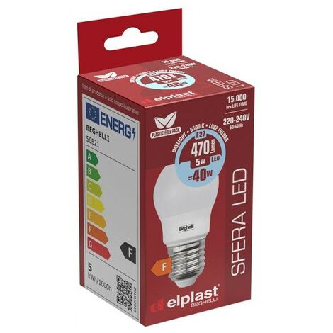 Lampadina Led Beghelli Sfera E27 - 470 Lumen - 5W  Lampadina Luce Fredda - 6500K