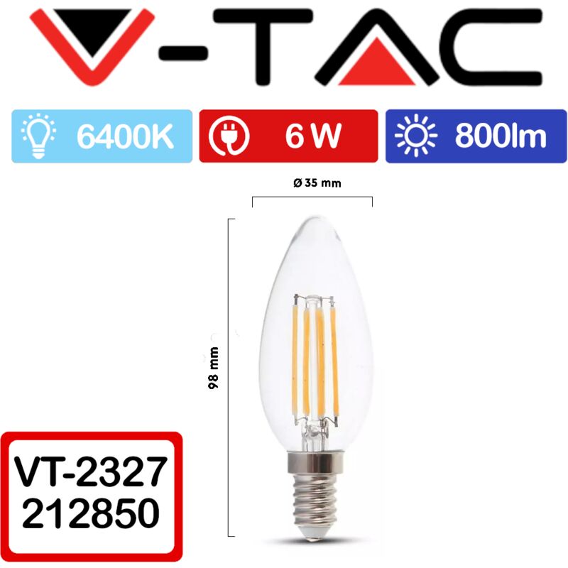 Image of V-tac VT-2327 Lampadina led E14 6W Candela a Filamento Bianco freddo - 6400K