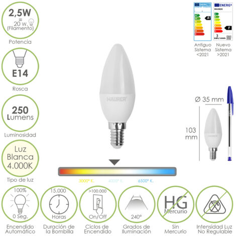 Lampadina led candela e14. 2,5 watt. equivalente a 20 watt. 250 lumen. luce neutra 4.000º k.
