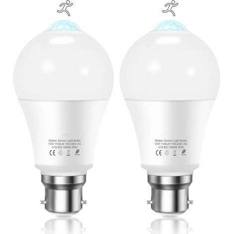 Lampadina LED con sensore di movimento B22 a baionetta, 12W, 1020lm, bianco freddo 6000K, CIR 85, impermeabile IP42, a risparmio energetico, non dimmerabile (2 pezzi)