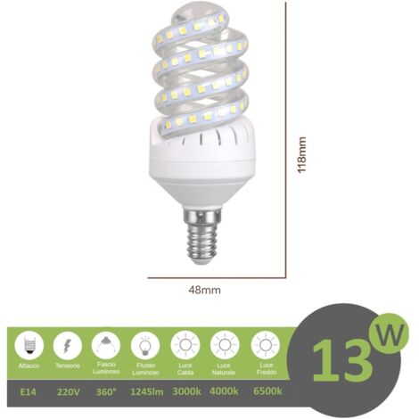 Lampadina led E14 13w tortiglione vortice luce spirale attacco piccolo bianca fredda naturale calda  Naturale 4000k