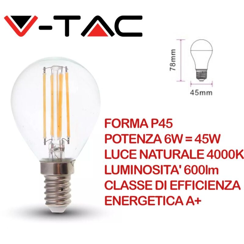 V-TAC VT-2466 Lampadina LED E14 6W P45 Filamento