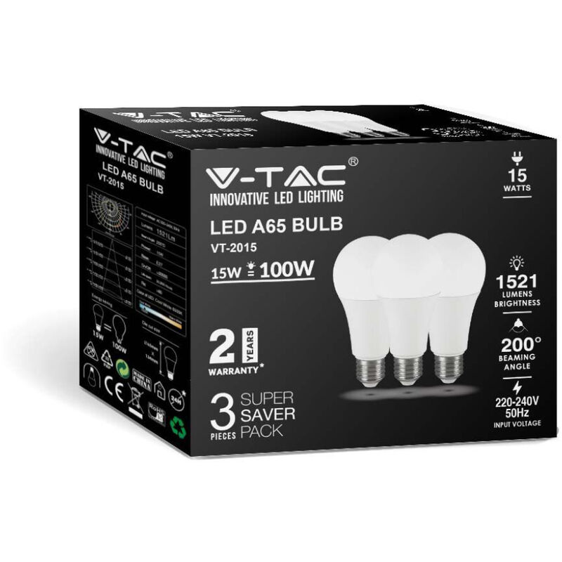 V-TAC Lampadina LED E27 15W A65 3000K (Box 3