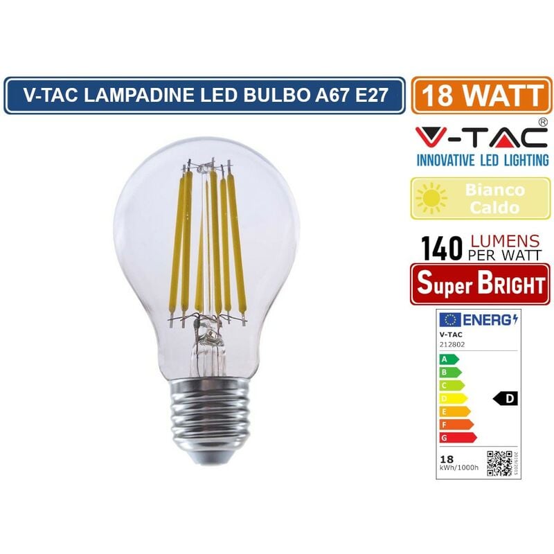 Image of V-tac - VT-2328 lampadina led E27 18W bulb A70 filamento vetro trasparente - sku 212802