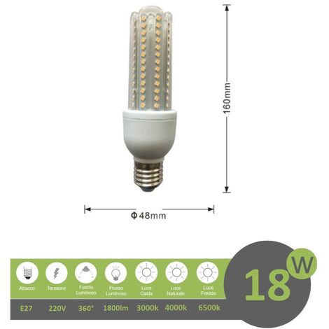 Lampadina led E27 18w 4U luce tubolare tubo attacco grande lineare bianca fredda naturale calda  Calda