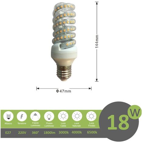 Lampadina led E27 18w tortiglione vortice luce spirale attacco grande bianca fredda naturale calda  Naturale