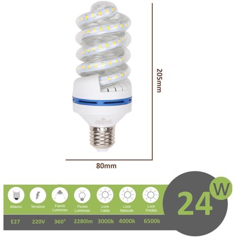 Lampadina led E27 24w tortiglione vortice luce spirale attacco grande bianca fredda naturale calda  Naturale 4000k