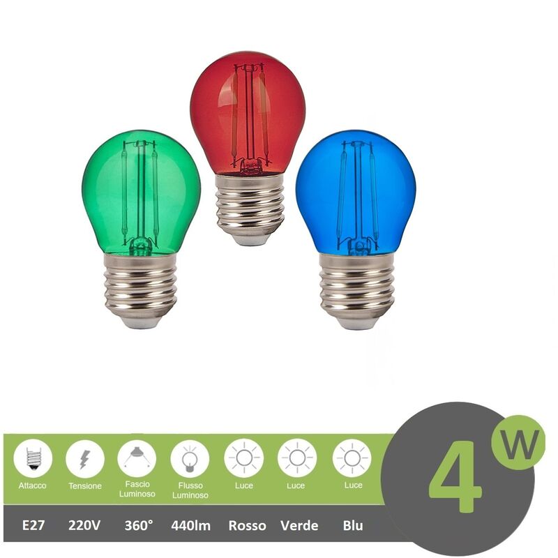 Image of Lampadine filamento luce led 4w G45 attacco grande E27 palla sfera colorate rosso verde blu decorative per feste Verde