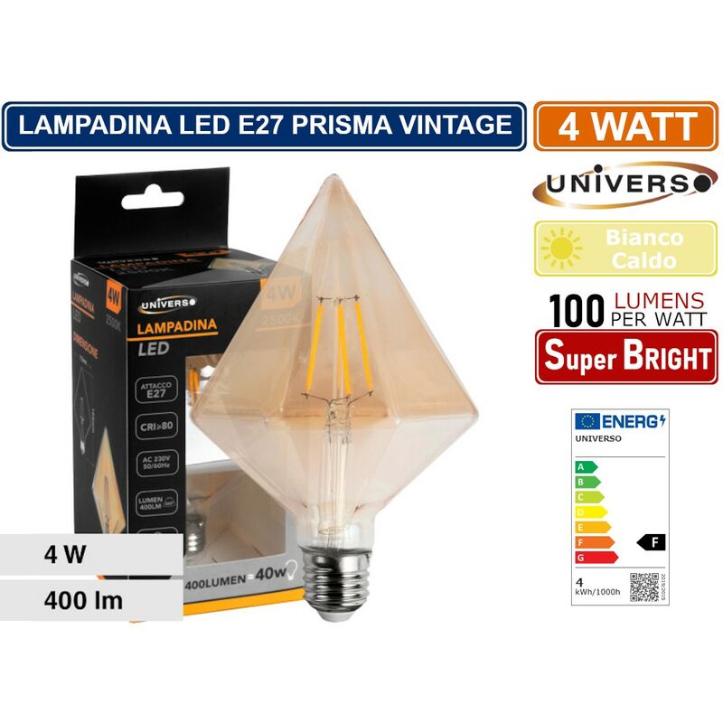 Image of Lampadina led vintage a forma di prisma E27 4W vetro ambrato filamento luce calda 2500K pub taverne