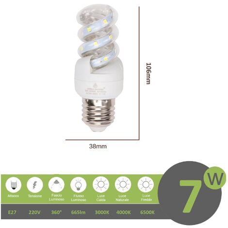 Lampadina led E27 7w tortiglione vortice luce spirale attacco grande bianca fredda naturale calda  Bianco freddo