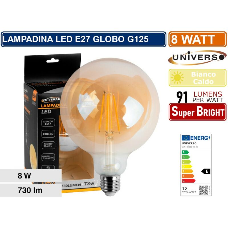 Image of Lampadina led globo G125 a filamento vintage 8W E27 vetro ambrato luce calda 2600K