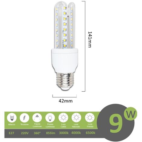 Lampadina led E27 9w 3U luce tubolare tubo attacco grande lineare bianca fredda fredda bianca 6500k