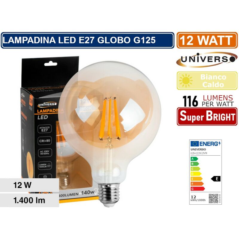 Image of Mille Lucciole - lampadina led globo G125 a filamento vintage 12W E27 vetro ambrato luce calda 2600K